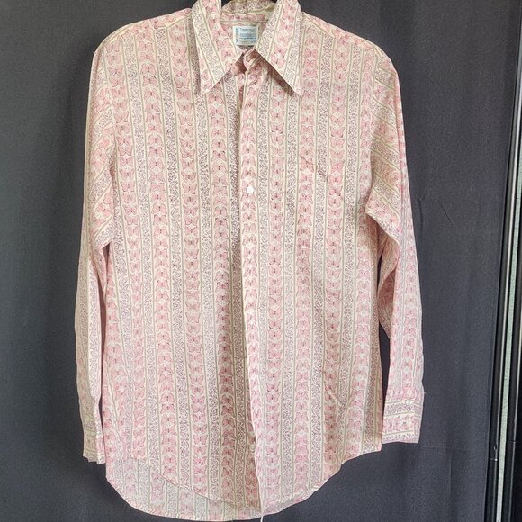 Retro 1970s Pink Patterned Long Sleeve Shirt Men's Medium Hippie Mod Disco Style - Picture 1 of 9